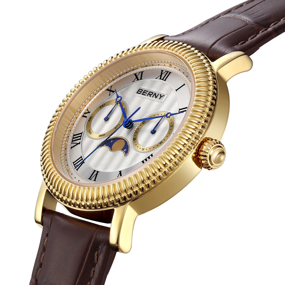 BERNY Men’s Luxury Dress Watch - Gold Quartz Moon Phase Timepiece, Sapphire Crystal, Business & Formal Wristwatch