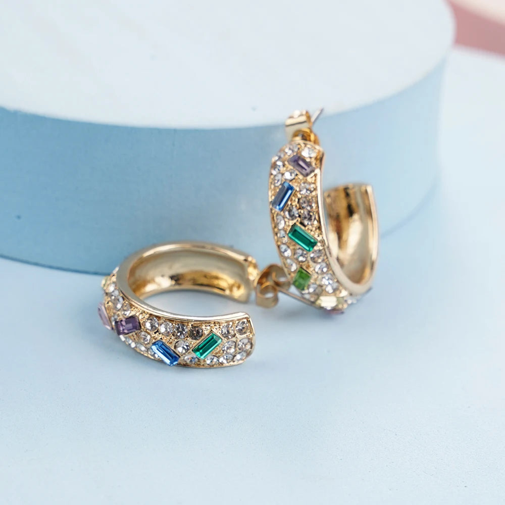 C-Shaped Colorful Zircon Hoop Earrings - Luxury Crystal Geometric Jewelry for Women