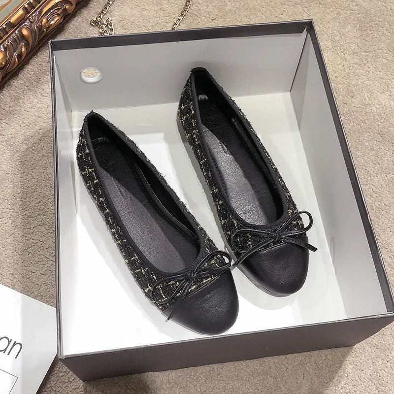 Elegant Tweed Ballerina Flats for Women - Round Toe Slip-On Loafers, Comfortable Maternity & Everyday Shoes