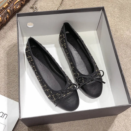 Elegant Tweed Ballerina Flats for Women - Round Toe Slip-On Loafers, Comfortable Maternity & Everyday Shoes