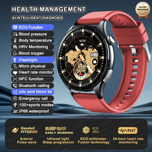 Premium NFC Health Smartwatch - ECG & PPG Monitoring, Blood Pressure, Blood Oxygen, Uric Acid Analysis, Men & Women