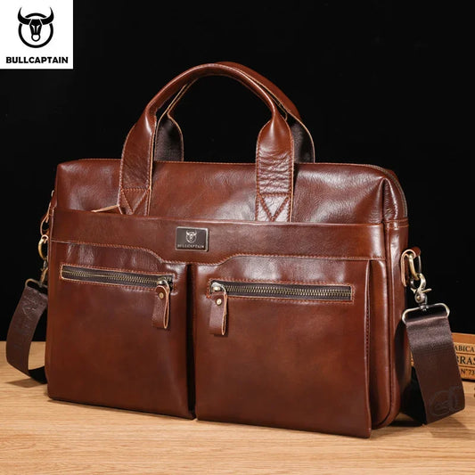 BullCaptain Men’s Genuine Leather Briefcase | 14-Inch Laptop Shoulder Bag & Business Handbag