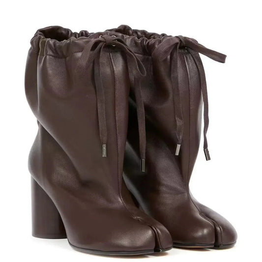 Luxury Designer Women’s Split-Toe Ankle Boots - Fashion Short Booties with Ruffle Detail & Chunky High Heel