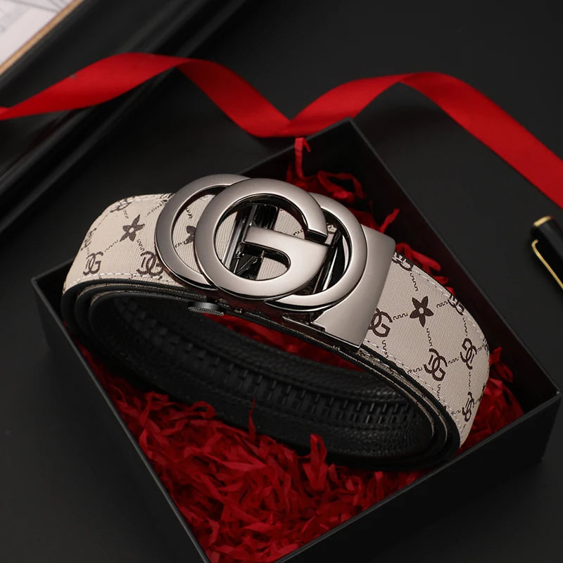 Men’s Genuine Leather Belt - Automatic Metal Alloy Buckle, Luxury Designer Waist Strap