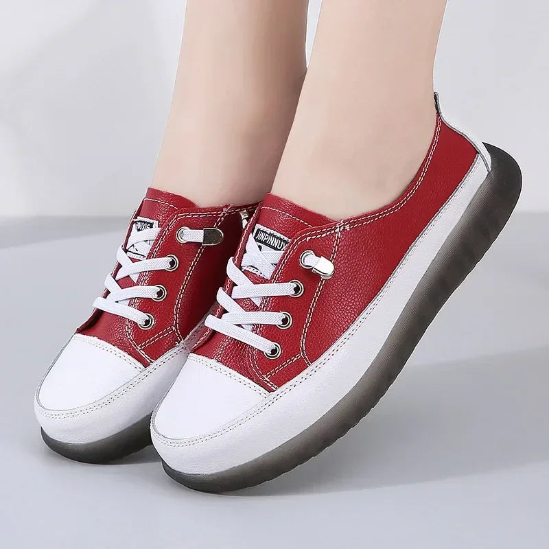 Natural Genuine Leather Flat Casual Shoes - White Lace-Up Ballet & Court Flats for Women