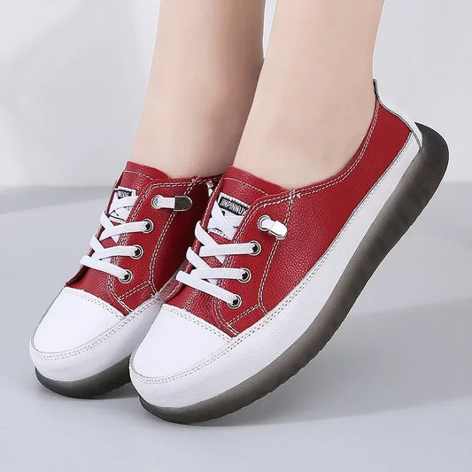 Natural Genuine Leather Flat Casual Shoes - White Lace-Up Ballet & Court Flats for Women