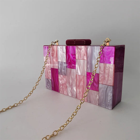 Pearl Hot Rose Pink Plaid Acrylic Box Clutch - Chic Designer Evening Bag for Weddings & Parties
