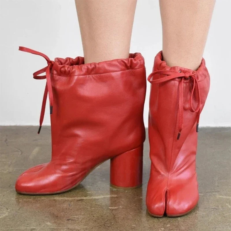 Luxury Designer Women’s Split-Toe Ankle Boots - Fashion Short Booties with Ruffle Detail & Chunky High Heel