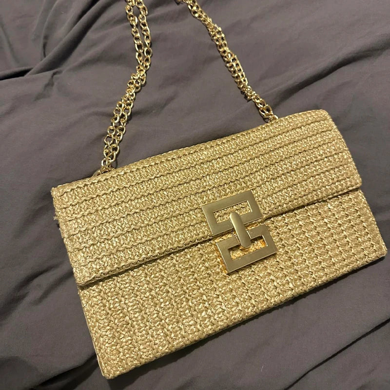 Boho Breeze Woven Straw Clutch - Summer Envelope Shoulder Purse