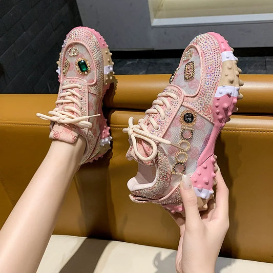 Women’s Designer Mesh Sneakers - Luxury Diamond Sports Shoes, Breathable Casual Thick-Soled Shoes
