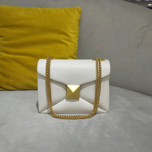Verde Rivetta - Cowhide Leather Chain Shoulder Bag with Gold Stud Accents