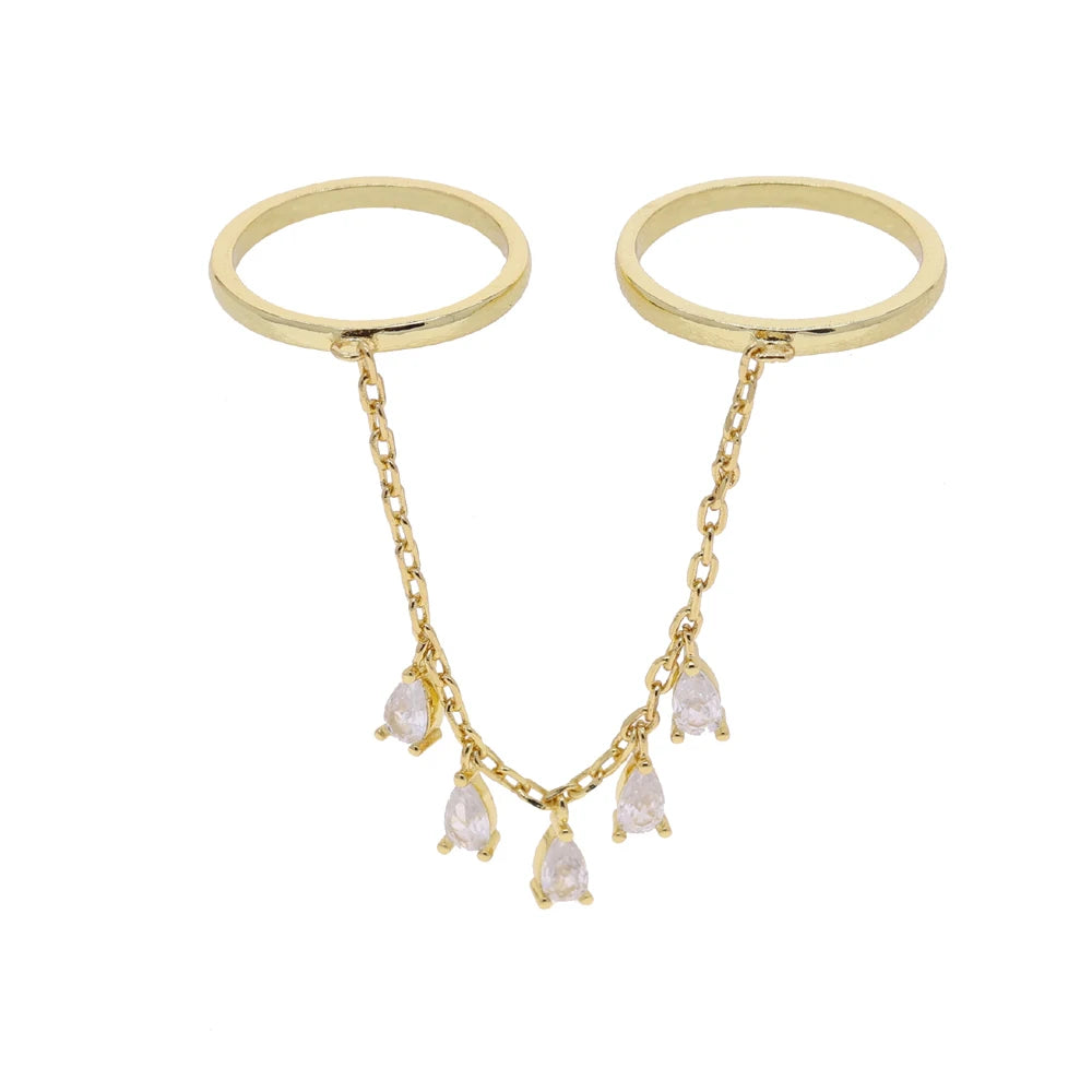 Personalized Water Drop Tassel Link Chain Ring - Gold Color Bling Zirconia Evening Jewelry