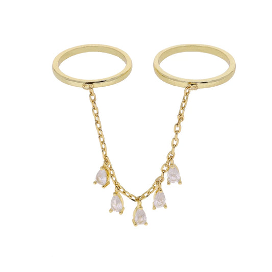 Personalized Water Drop Tassel Link Chain Ring - Gold Color Bling Zirconia Evening Jewelry