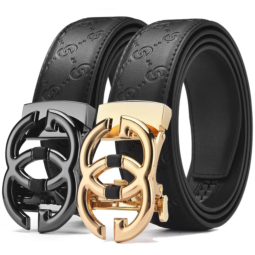 Men’s Designer Leather Belt - Double G Automatic Alloy Buckle, Premium Waist Strap for Jeans