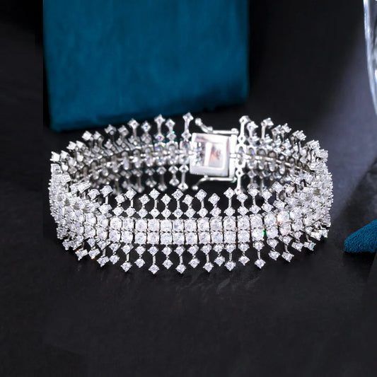 Sparkling 5A Cubic Zirconia Chunky Bracelet - Luxury Wide Bridal & Wedding Jewelry