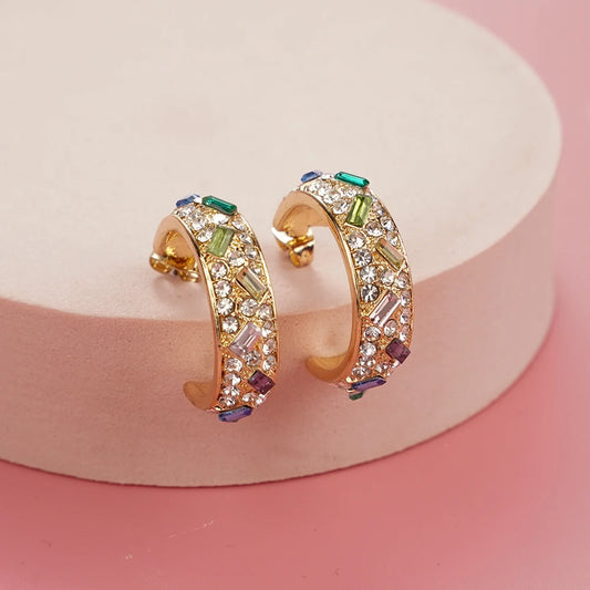 C-Shaped Colorful Zircon Hoop Earrings - Luxury Crystal Geometric Jewelry for Women