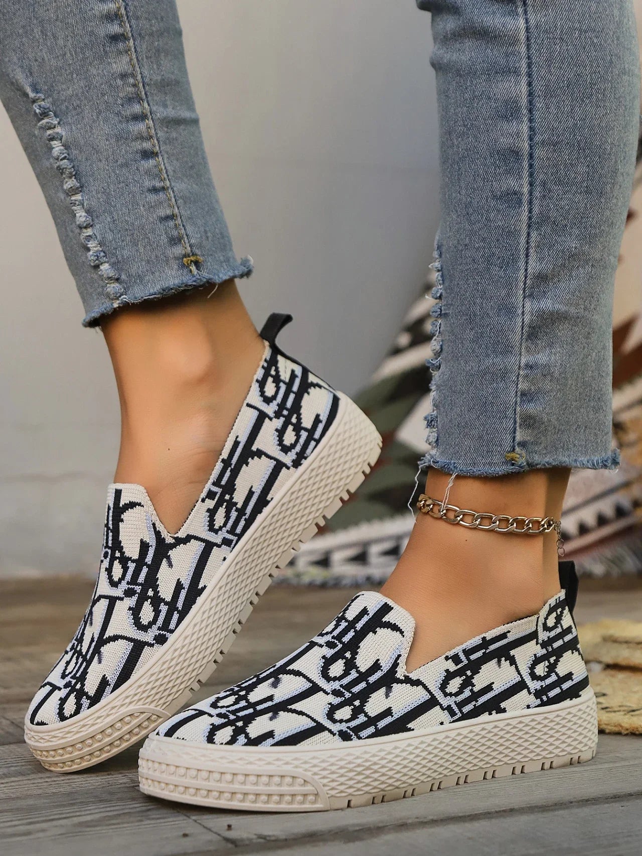 Letter Fisherman Loafers - Knitted Graffiti Sneakers, Casual Breathable Plaid Shoes for Women