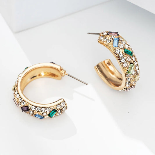 C-Shaped Colorful Zircon Hoop Earrings - Luxury Crystal Geometric Jewelry for Women