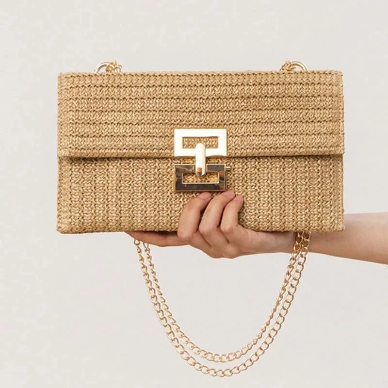 Boho Breeze Woven Straw Clutch - Summer Envelope Shoulder Purse