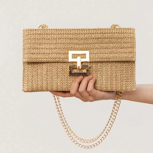 Boho Breeze Woven Straw Clutch - Summer Envelope Shoulder Purse