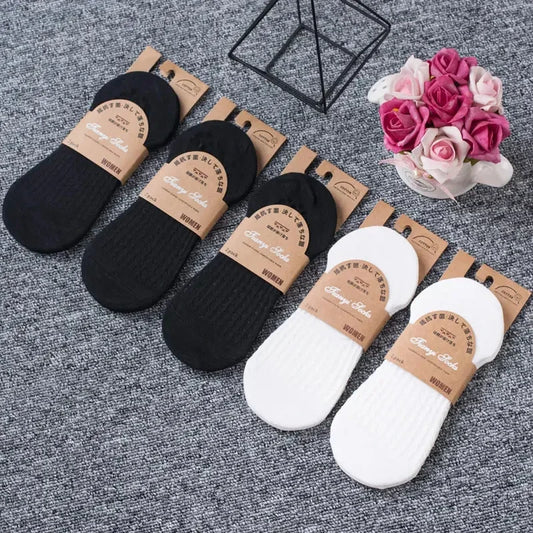 Women’s Invisible Boat Socks - 5 Pairs, Soft Cotton Ankle Socks with Silicone Grip, Summer Solid Colors