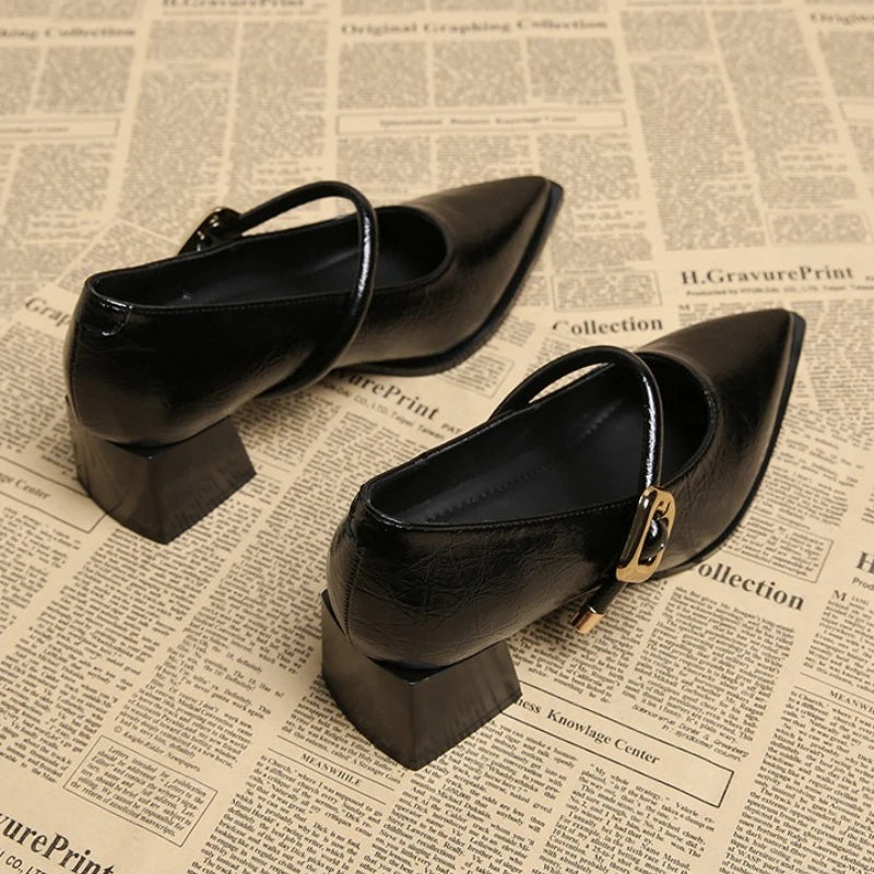 Retro Belt Buckle Leather Shoes for Women - Pointed Toe, Mid-Length, Comfortable Slip-On Flats