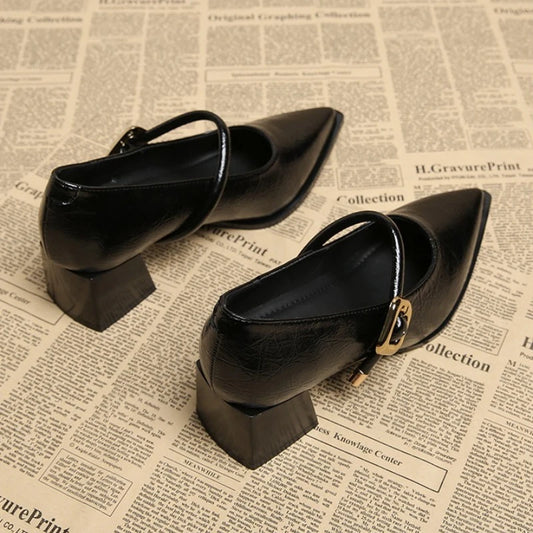 Retro Belt Buckle Leather Shoes for Women - Pointed Toe, Mid-Length, Comfortable Slip-On Flats