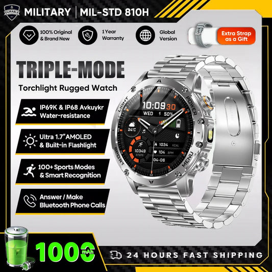 T-Rex 3 Military Smartwatch - 5ATM Waterproof, Heart Rate & Sports Tracker, 1000mAh Battery, Flashlight Feature for Men