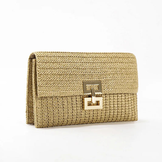 Boho Breeze Woven Straw Clutch - Summer Envelope Shoulder Purse