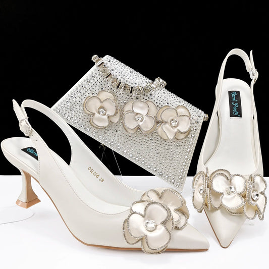 Women’s Pointed Toe Shoes & Bag Set - Floral Decoration, Elegant Party & Daily Wear