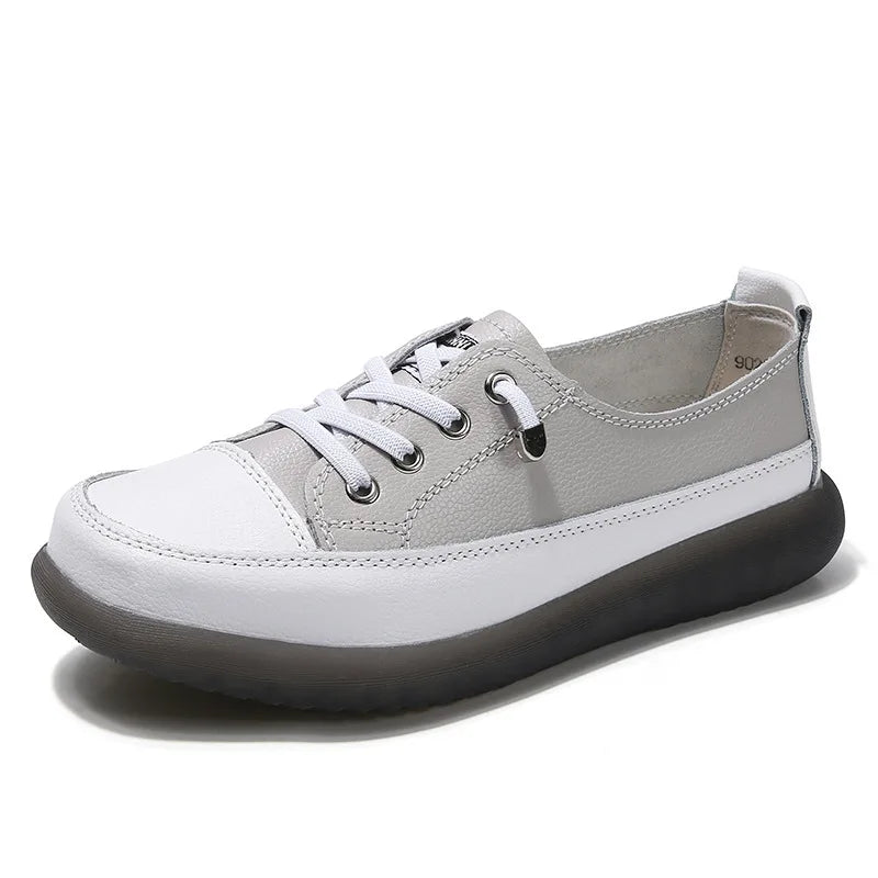 Natural Genuine Leather Flat Casual Shoes - White Lace-Up Ballet & Court Flats for Women