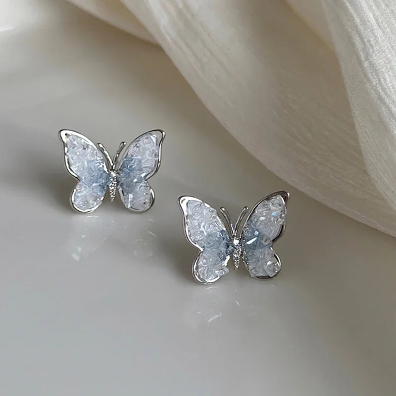 Silver Crystal Flower & Butterfly Stud Earrings - Elegant Luxury Jewelry for Women, Perfect for Weddings