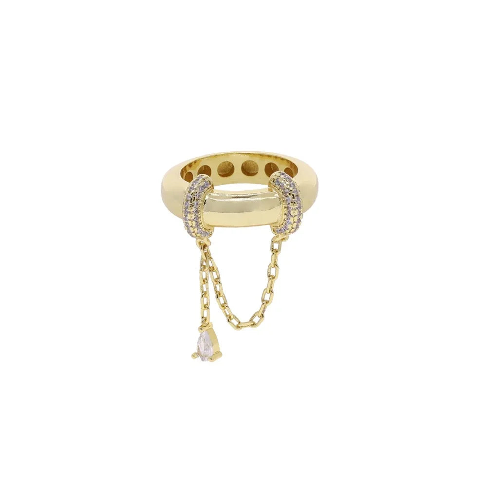 Personalized Water Drop Tassel Link Chain Ring - Gold Color Bling Zirconia Evening Jewelry