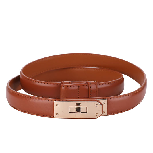 Women’s Leather Belt - Golden Metal Buckle, Luxury Casual Strap for Jeans & Dresses