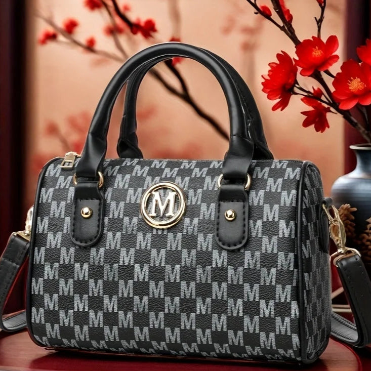 Chic Monogram 'M' Shoulder Bag - Compact Faux Leather Crossbody for Everyday Elegance
