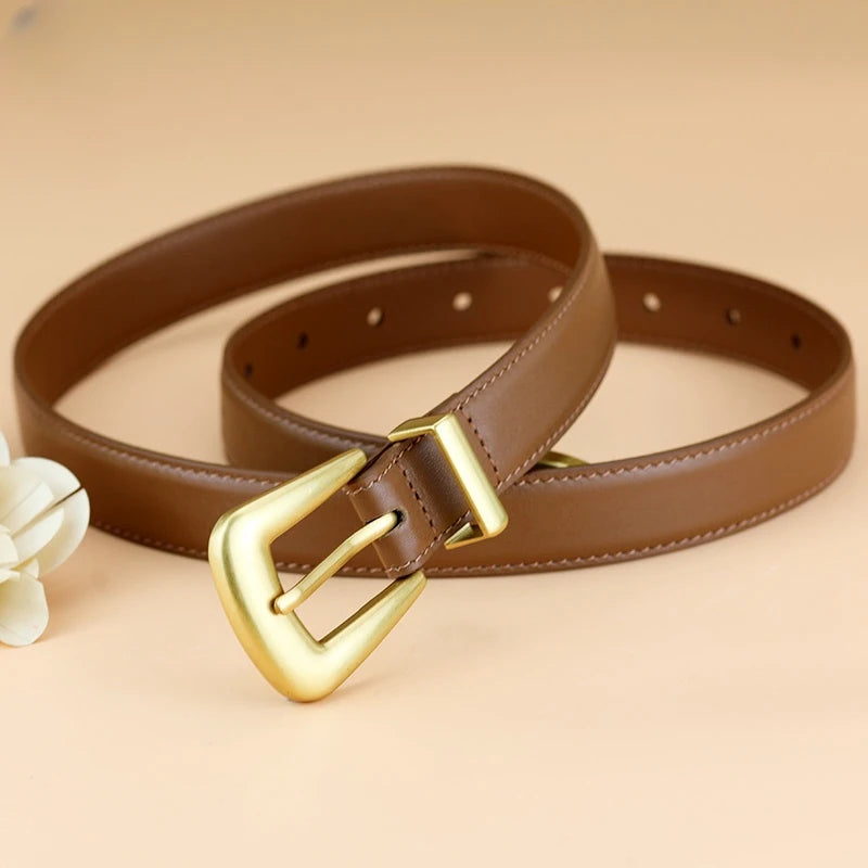 Women’s Genuine Burgundy Leather Belt - Gold Metal Buckle, Luxury Casual Strap for Jeans & Dresses