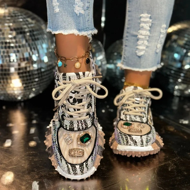 Women’s Luxury Rhinestone Sneakers - Fashion Casual Diamond Platform Running Shoes, Breathable & Non-Slip Design