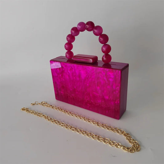Pearl Hot Rose Pink Plaid Acrylic Box Clutch - Chic Designer Evening Bag for Weddings & Parties