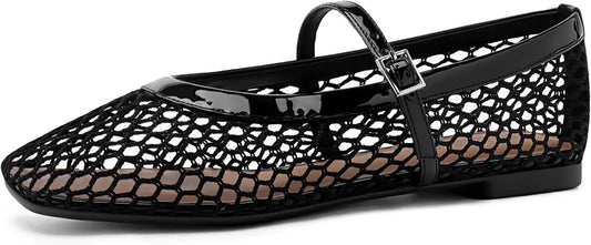 Women’s Mesh Ballet Flats - Comfortable Square-Toe Ballerinas with Buckle Strap