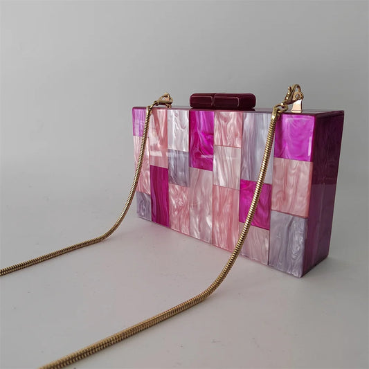 Pearl Hot Rose Pink Plaid Acrylic Box Clutch - Chic Designer Evening Bag for Weddings & Parties