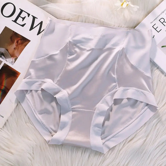 Retro High-Waist Silk Panties - Traceless Solid Color Satin Briefs for Women, Plus-Size Korean Underwear