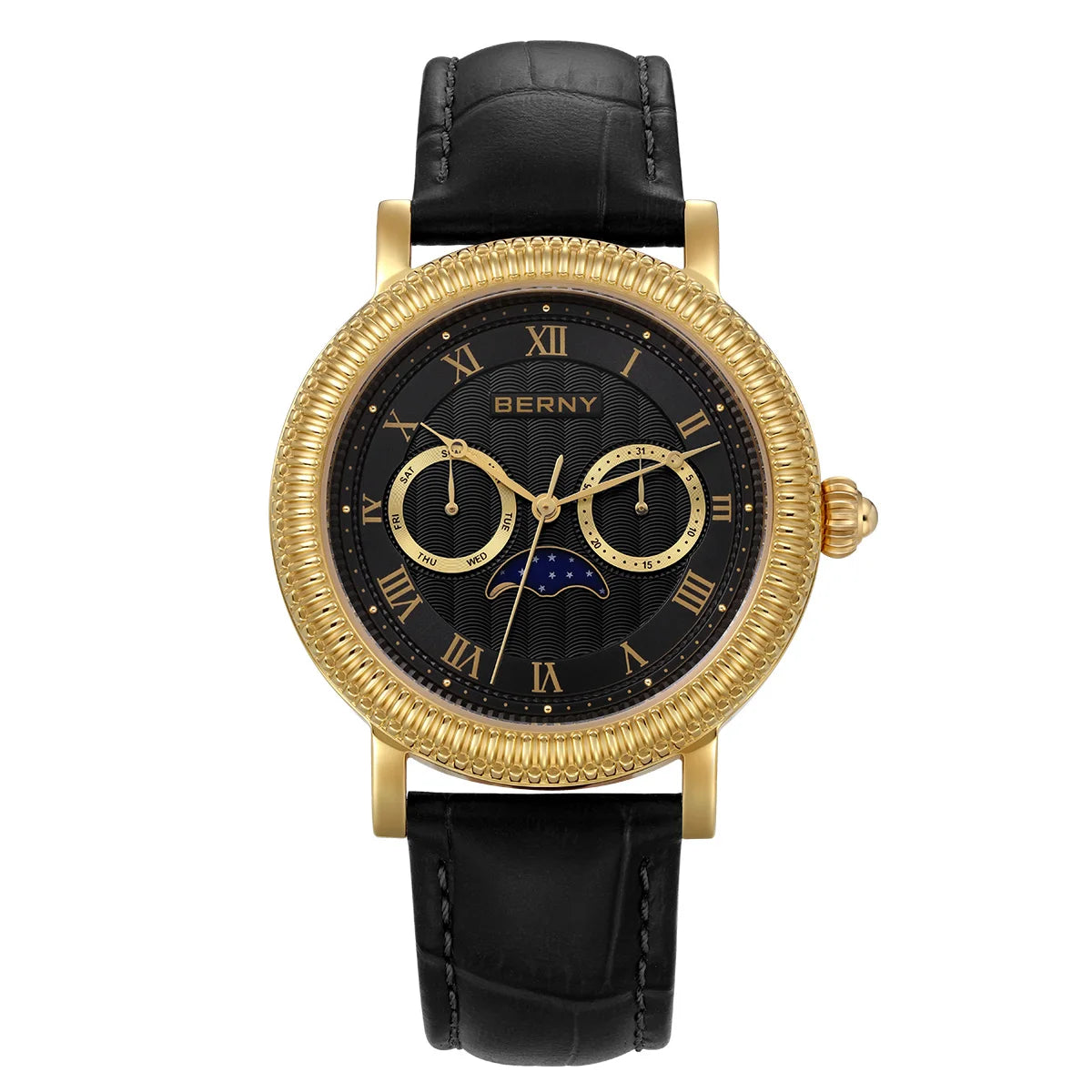 BERNY Men’s Luxury Dress Watch - Gold Quartz Moon Phase Timepiece, Sapphire Crystal, Business & Formal Wristwatch