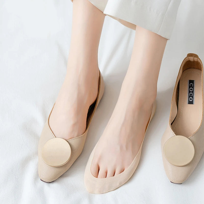 Women’s Non-Slip Invisible Ice Silk Socks – 5 Pairs, Seamless Low-Cut Boat Socks, Summer Breathable