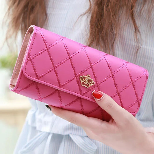 Black Diamond Pattern Long Wallet for Women - PU Leather Crown Buckle Clutch with Card Holder & Phone Pocket