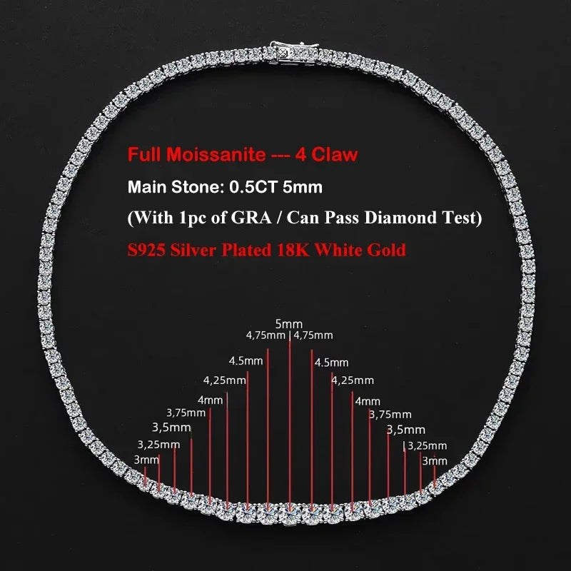 EWYA 925 Sterling Silver Moissanite Tennis Necklace for Women – 0.4CT 4.5mm D Color Gradient Lab Diamond Chain, 3-Claw Setting, GRA Certified