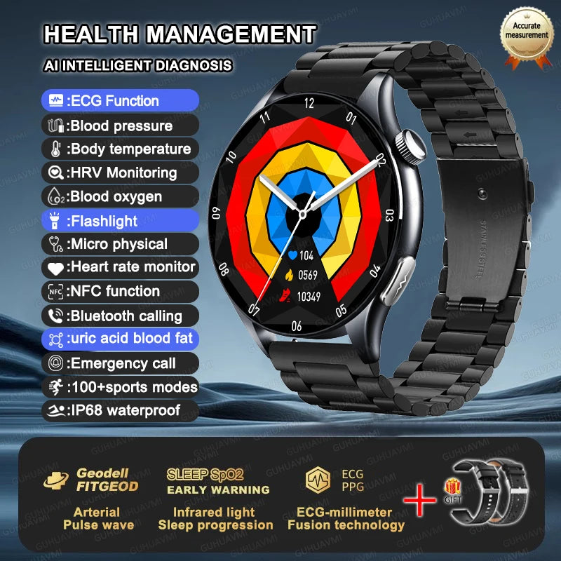 Premium NFC Health Smartwatch - ECG & PPG Monitoring, Blood Pressure, Blood Oxygen, Uric Acid Analysis, Men & Women