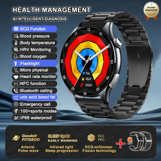 Premium NFC Health Smartwatch - ECG & PPG Monitoring, Blood Pressure, Blood Oxygen, Uric Acid Analysis, Men & Women