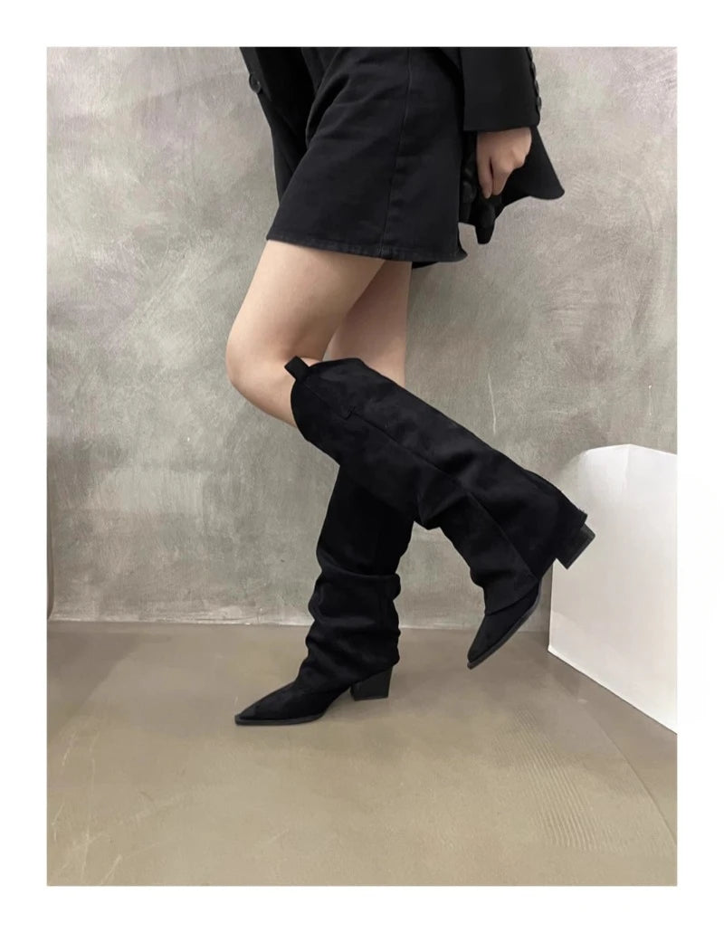 Winter Fashion Women’s Boots – Pointed Toe, Square Heel, Solid Color, Elegant Velvet Warm Shoes