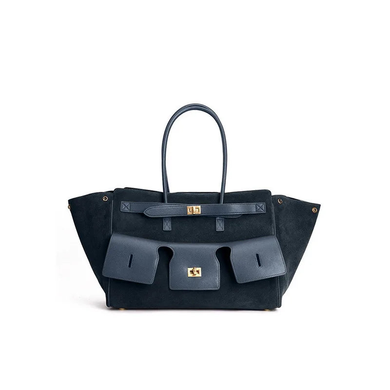Velvara EliteLock Tote - Premium Leather & Suede Winged Shoulder Bag with Metallic Lock Accents