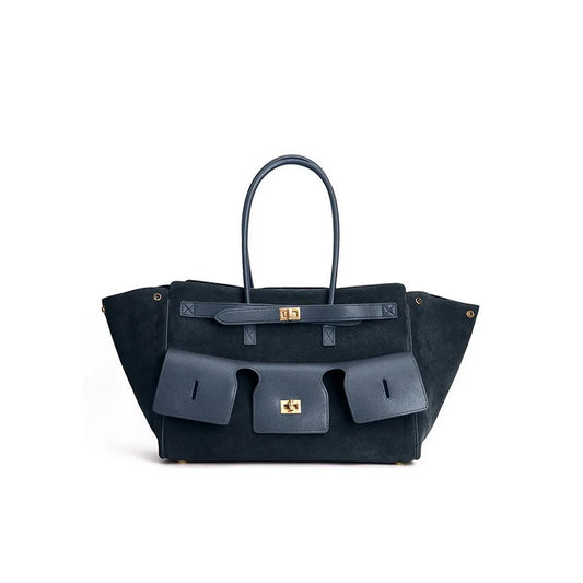 Velvara EliteLock Tote - Premium Leather & Suede Winged Shoulder Bag with Metallic Lock Accents